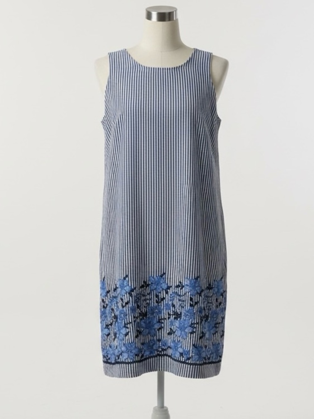 Sam&Jess Womens Blue Wht Stripe Shift Dress Embroidered Floral Hem Sleeveless PS